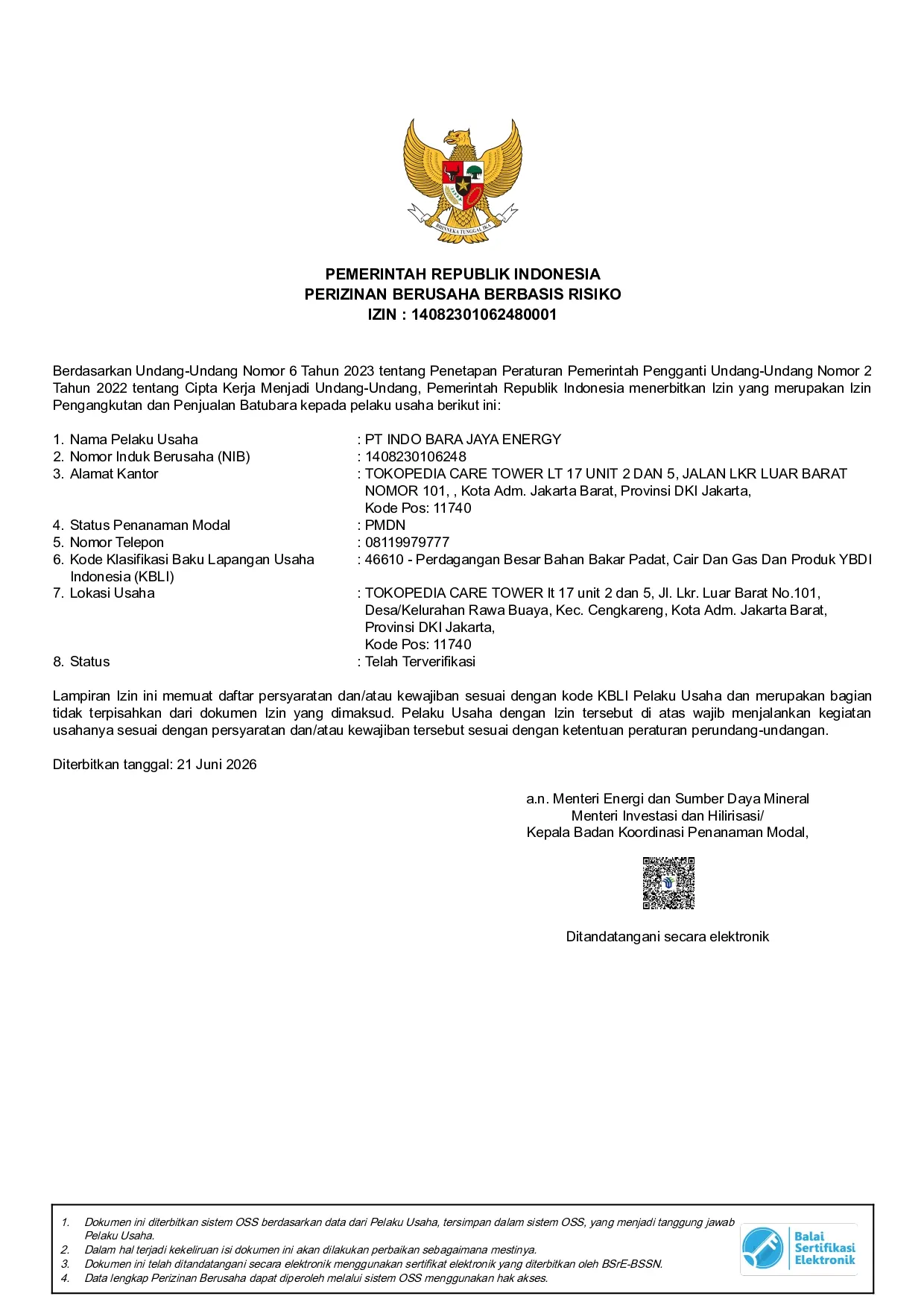 Scan halaman pertama Izin Pengangkutan dan Penjualan Batubara PT Indo Bara Jaya Energy